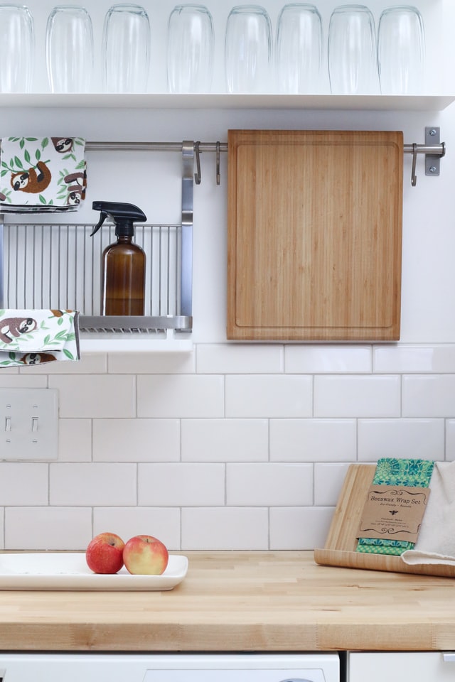 kitchen with wooden counters, glasses and bees wax wrap