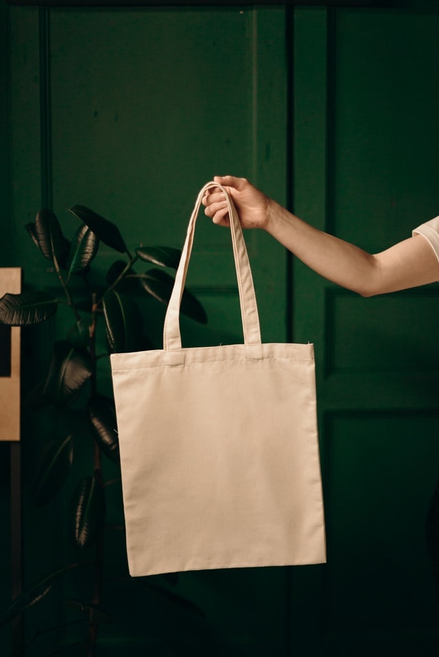 arm holding a tan canvas tote bag with a green background and plant behind the bag