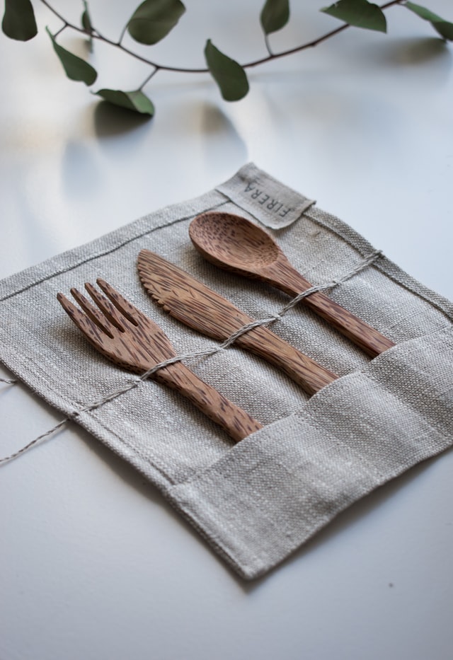 bamboo fork spoon and knife in cloth carrying case